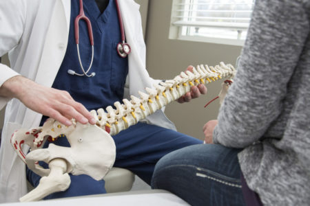 Chiropractor showing patient example of spine