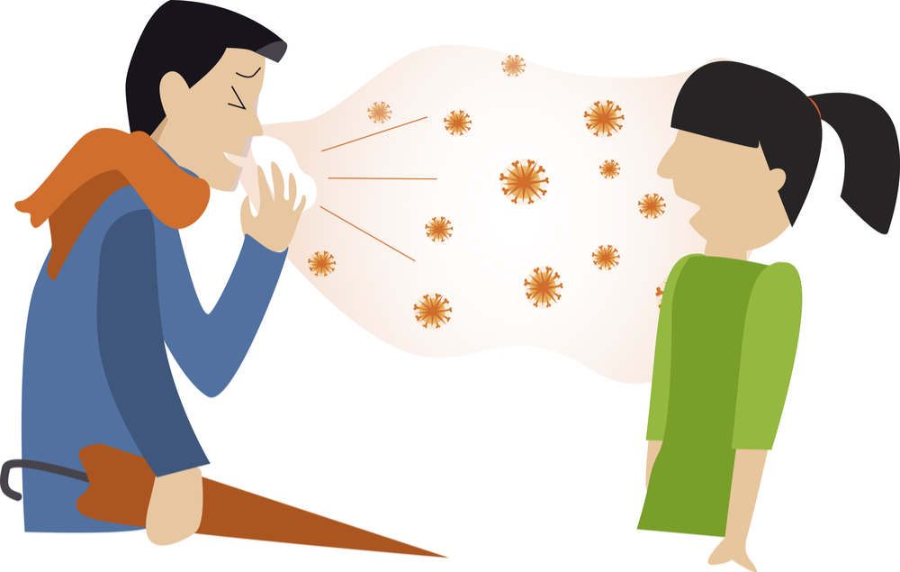 Vector graphic of man with flue sneezing germs onto woman in green shirt